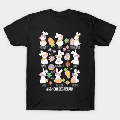 Black t-shirt featuring playful bunny graphics with motivational words, ideal for school secretaries. Cotton material.