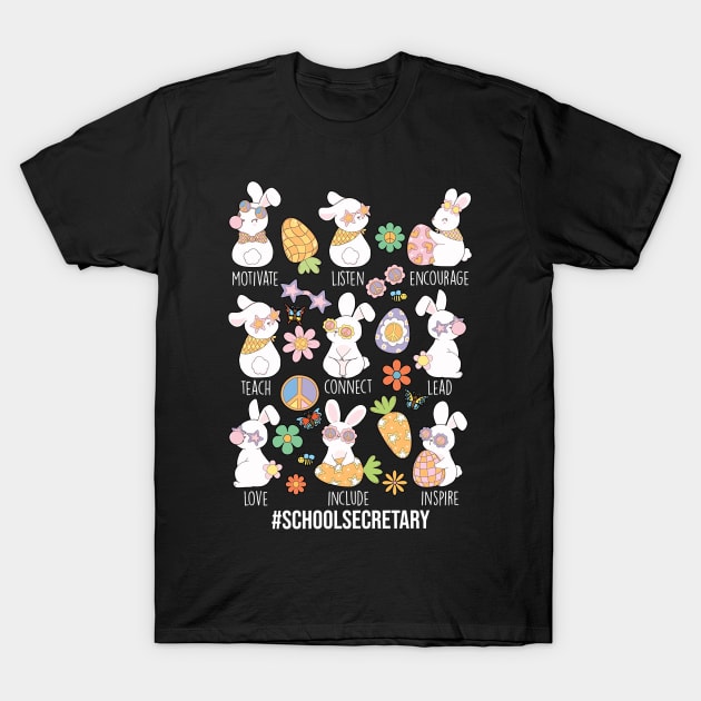 Black t-shirt featuring playful bunny graphics with motivational words, ideal for school secretaries. Cotton material.