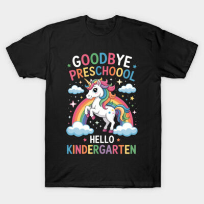 Black T-shirt with colorful unicorn design, "Goodbye Preschool, Hello Kindergarten" text, perfect for kids' school transition.