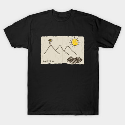 Black t-shirt with abstract mountain and sun sketch, casual wear, 100% cotton, comfortable and stylish design.