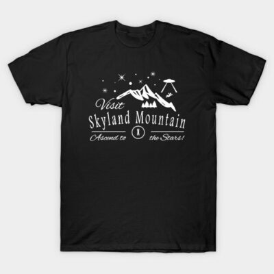 Black Skyland Mountain t-shirt, white graphic design, casual wear, cotton material, perfect for outdoor enthusiasts.