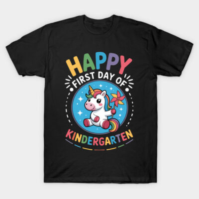 Black "Happy First Day of Kindergarten" unicorn t-shirt, colorful design, playful style, ideal for kids' first school day.