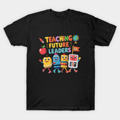 Black t-shirt with colorful "Teaching Future Leaders" design, featuring playful school-themed graphics, perfect for educators.
