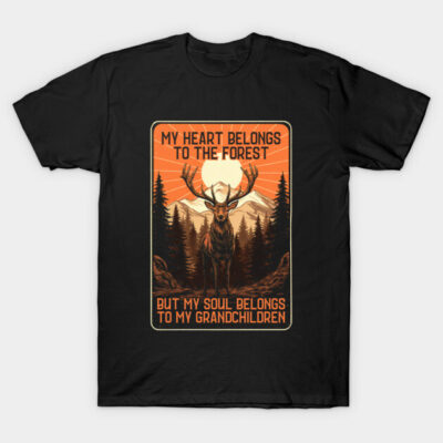 Black t-shirt with forest and deer graphic, text overlay "My Heart Belongs to the Forest," ideal for nature lovers.