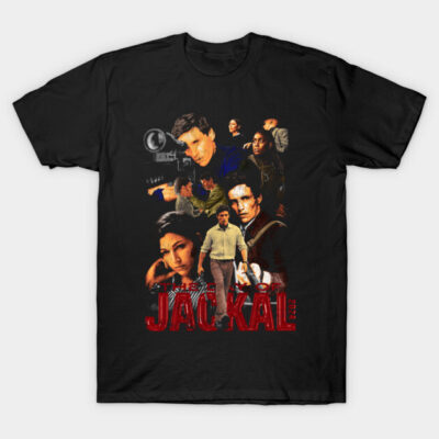 Black T-shirt featuring colorful movie collage design, perfect for casual wear, made from 100% cotton.