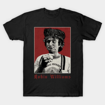 Black graphic t-shirt with vintage print, red background, casual wear, 100% cotton, unisex style.