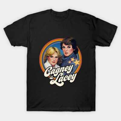 "Black graphic t-shirt featuring retro design with vibrant circular artwork and bold text, ideal for casual wear."