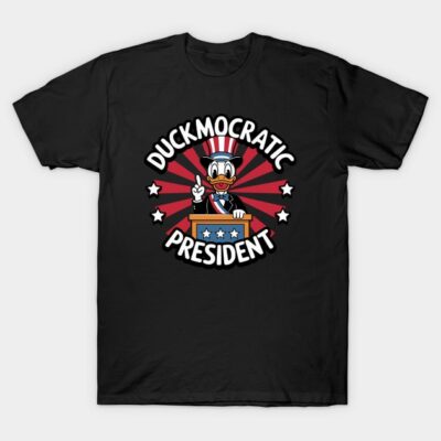 Black T-shirt with "Duckmocratic President" design, featuring cartoon duck in patriotic colors, casual style, cotton material.