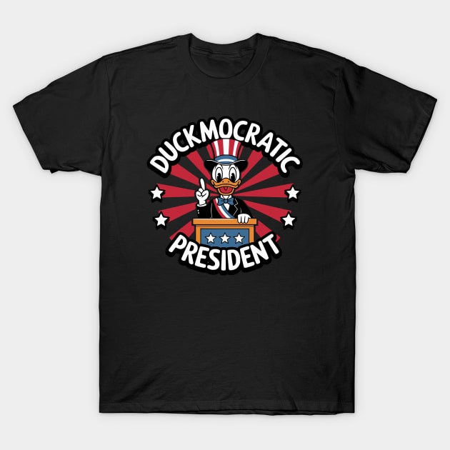 Black T-shirt with "Duckmocratic President" design, featuring cartoon duck in patriotic colors, casual style, cotton material.
