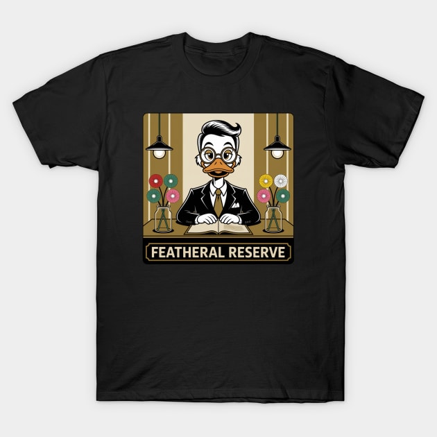 Black t-shirt featuring a cartoon duck in a suit with "Featheral Reserve" text, ideal for casual wear or novelty gifts.