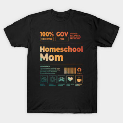 Black "Homeschool Mom" graphic T-shirt, humorous text design, casual wear, cotton blend, educational theme.