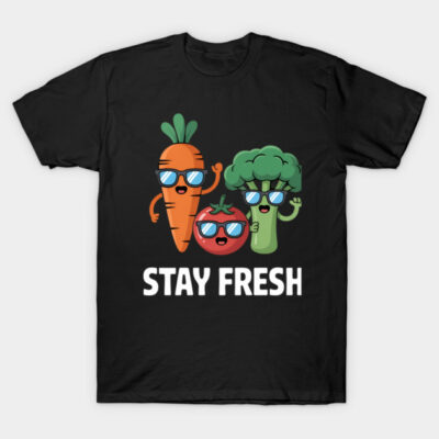 "Black t-shirt with cartoon vegetables wearing sunglasses and 'Stay Fresh' text, casual style, cotton material."