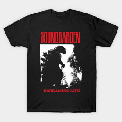 Black Soundgarden Screaming Life T-shirt, graphic print, short sleeve, cotton, casual wear.