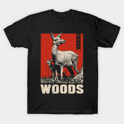 Black t-shirt featuring a vintage-style deer print with bold "WOODS" text, perfect for casual wear or outdoor enthusiasts.