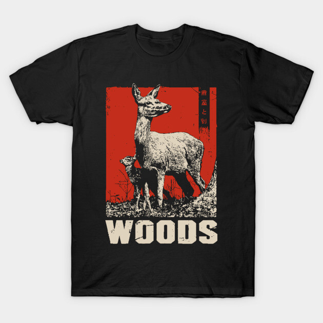 Black t-shirt featuring a vintage-style deer print with bold "WOODS" text, perfect for casual wear or outdoor enthusiasts.