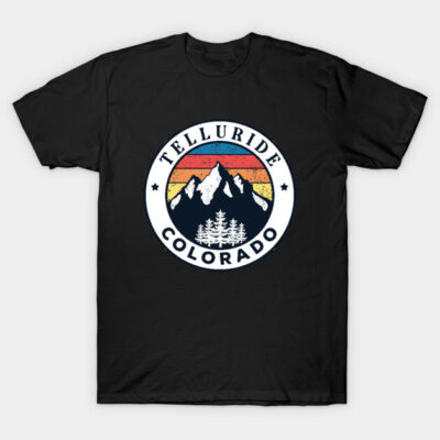 Black Telluride Colorado t-shirt with vintage mountain sunset design, casual style, soft cotton fabric.