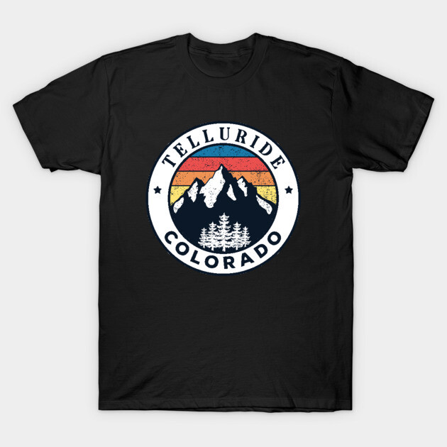 Black Telluride Colorado t-shirt with vintage mountain sunset design, casual style, soft cotton fabric.