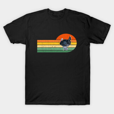 Black t-shirt with retro sunset and turkey graphic, casual unisex style, cotton material, ideal for everyday wear.