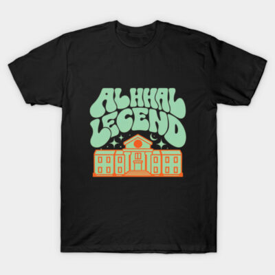 Black t-shirt with retro text and building graphic, mint green and orange design. Casual style, cotton fabric.