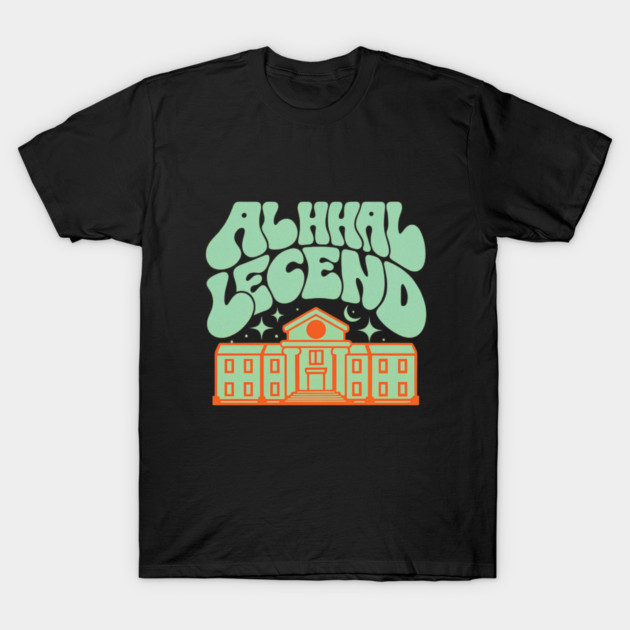 Black t-shirt with retro text and building graphic, mint green and orange design. Casual style, cotton fabric.