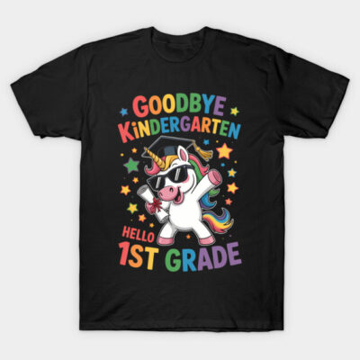 Black T-shirt with colorful "Goodbye Kindergarten, Hello 1st Grade" unicorn design, perfect for school transitions.