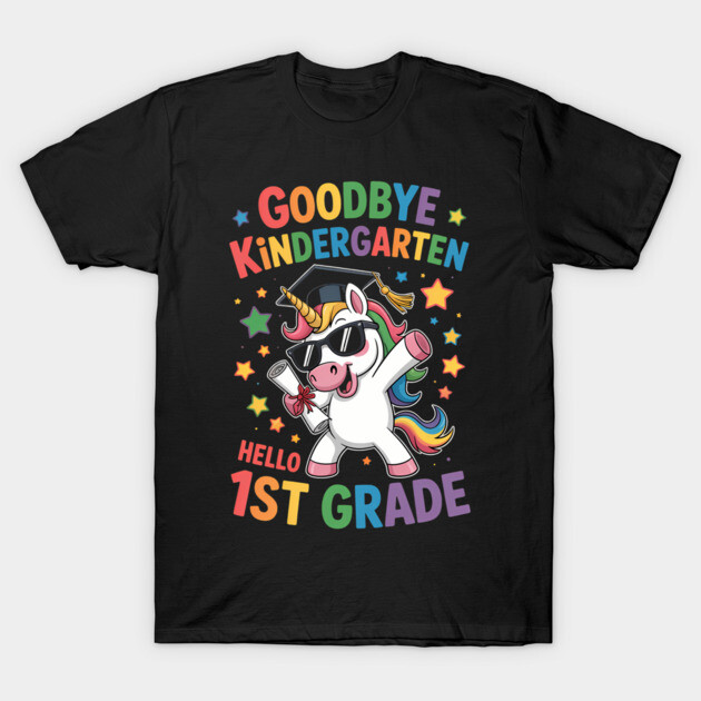Black T-shirt with colorful "Goodbye Kindergarten, Hello 1st Grade" unicorn design, perfect for school transitions.