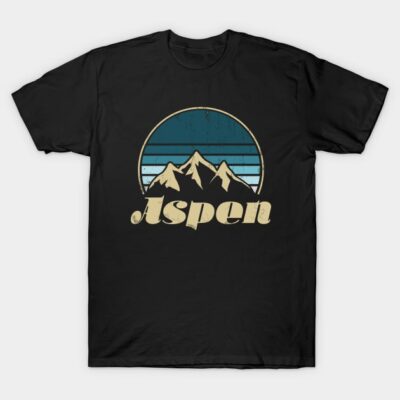Black vintage-style t-shirt featuring an Aspen mountain graphic design, ideal for casual wear.