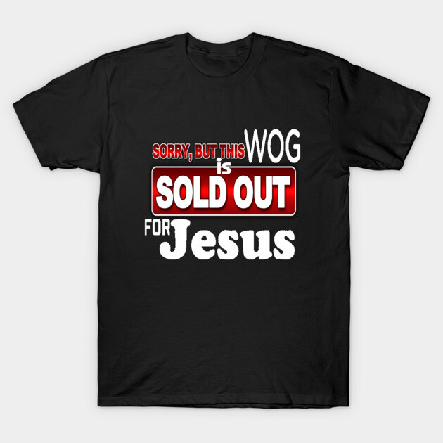 Black "Sold Out for Jesus" graphic t-shirt, bold red and white text, casual religious apparel.