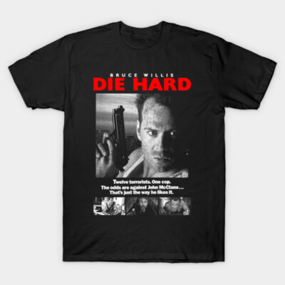Black "Die Hard" graphic t-shirt featuring movie poster design, casual style, cotton material.