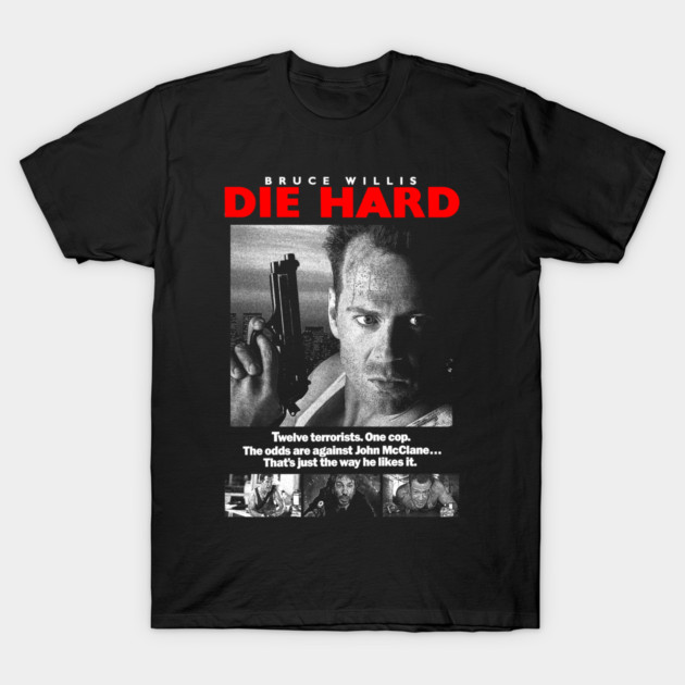 Black "Die Hard" graphic t-shirt featuring movie poster design, casual style, cotton material.