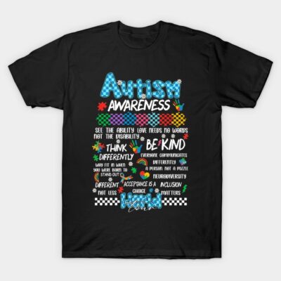 Black autism awareness t-shirt with colorful text, promoting kindness and acceptance, made of soft cotton material.