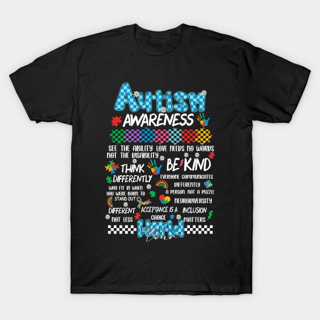 Black autism awareness t-shirt with colorful text, promoting kindness and acceptance, made of soft cotton material.