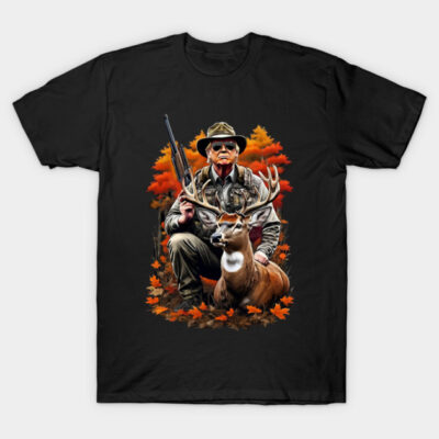 Black hunting-themed T-shirt with hunter and deer graphic, autumn leaves background, casual wear, cotton material.