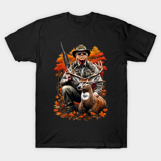 Black hunting-themed T-shirt with hunter and deer graphic, autumn leaves background, casual wear, cotton material.