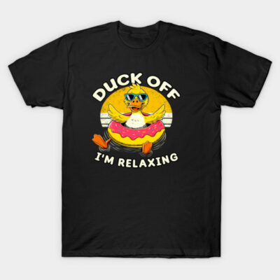 Black t-shirt with "Duck Off I'm Relaxing" slogan featuring a duck with sunglasses in a donut float. Casual wear.