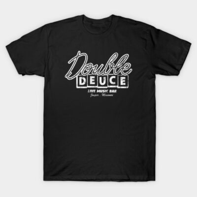 Black t-shirt with "Double Deuce Live Music Bar" white graphic text, casual style, perfect for music lovers.