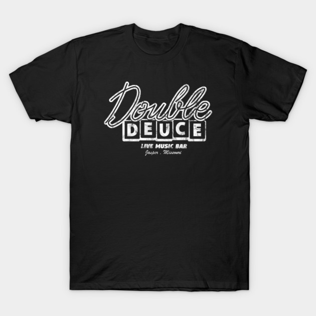 Black t-shirt with "Double Deuce Live Music Bar" white graphic text, casual style, perfect for music lovers.