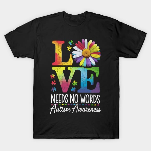 Black T-shirt with colorful "Love Needs No Words" puzzle design, Autism Awareness theme, unisex casual wear.