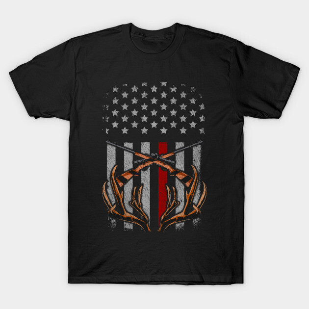 Black T-shirt with American flag, rustic antler design, thin red line, cotton, casual wear, patriotic style.