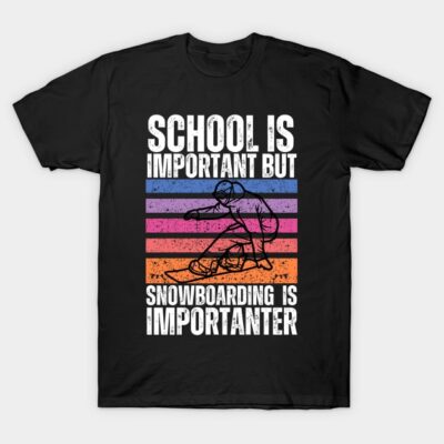 "Black t-shirt with colorful retro stripes and snowboarding graphic, humorous school-themed quote, casual wear."