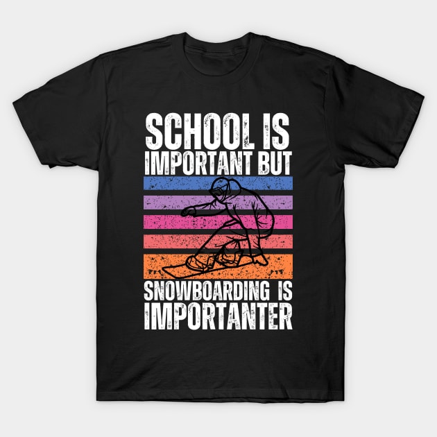 "Black t-shirt with colorful retro stripes and snowboarding graphic, humorous school-themed quote, casual wear."