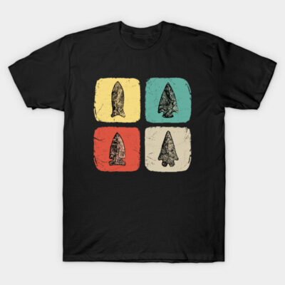Black T-shirt with colorful arrowhead design, featuring yellow, teal, red, and beige squares, casual cotton wear.