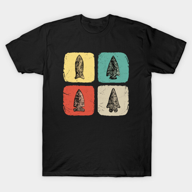 Black T-shirt with colorful arrowhead design, featuring yellow, teal, red, and beige squares, casual cotton wear.