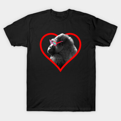 Black t-shirt with gorilla graphic in heart shape, wearing pink sunglasses. Casual wear, cotton fabric, unisex design.