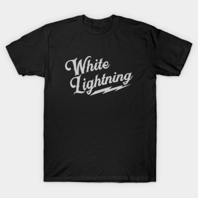 Black t-shirt with "White Lightning" text and lightning graphic, casual style, made of cotton. Perfect for everyday wear.