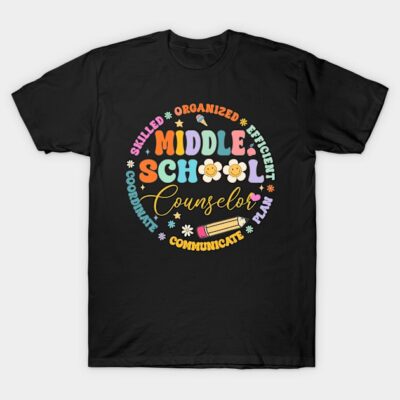 Black t-shirt with colorful "Middle School Counselor" graphic, featuring motivational words and playful design.