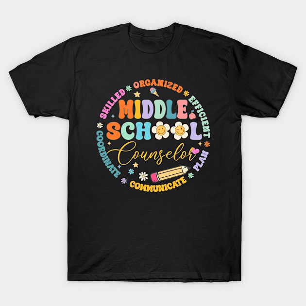 Black t-shirt with colorful "Middle School Counselor" graphic, featuring motivational words and playful design.