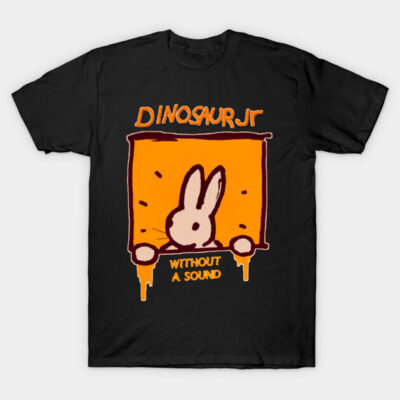 Black graphic t-shirt with orange and white design, featuring a cartoon rabbit and text, casual cotton apparel.