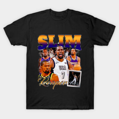 Black graphic t-shirt featuring bold "Slim Reaper" text and dynamic basketball-themed design, perfect for sports fans.