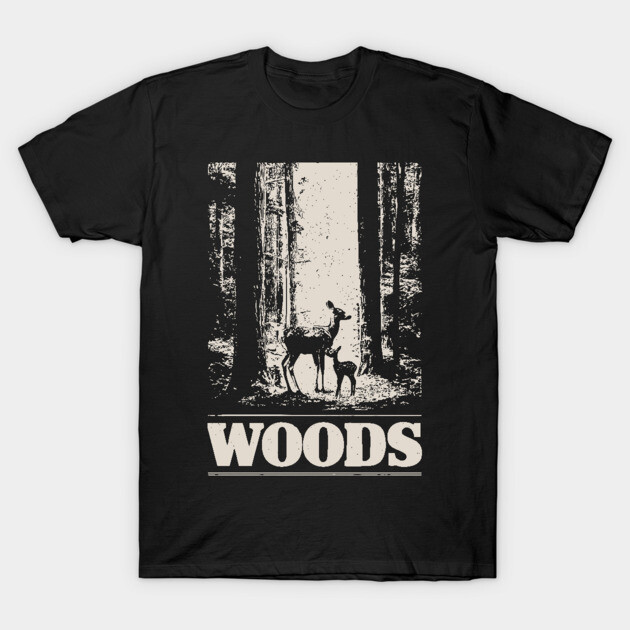 Black t-shirt with "Woods" graphic, featuring deer in forest scene, cotton material, casual outdoor style.